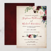 Burgundy Red Navy Floral Rustic Boho Wedding Kaart (Voorkant / Achterkant)