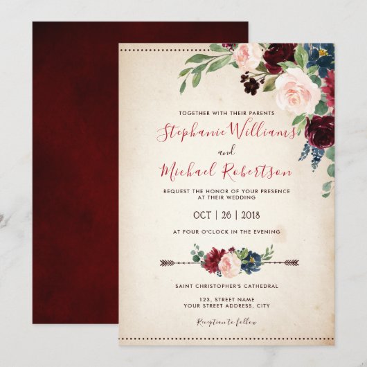 Burgundy Red Navy Floral Rustic Boho Wedding Kaart (Voorkant / Achterkant)