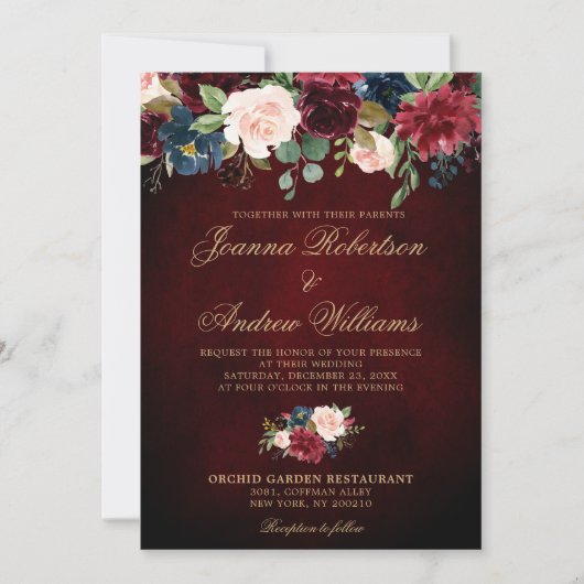 Burgundy Red Navy Floral Rustic Boho Wedding Kaart (Voorkant)