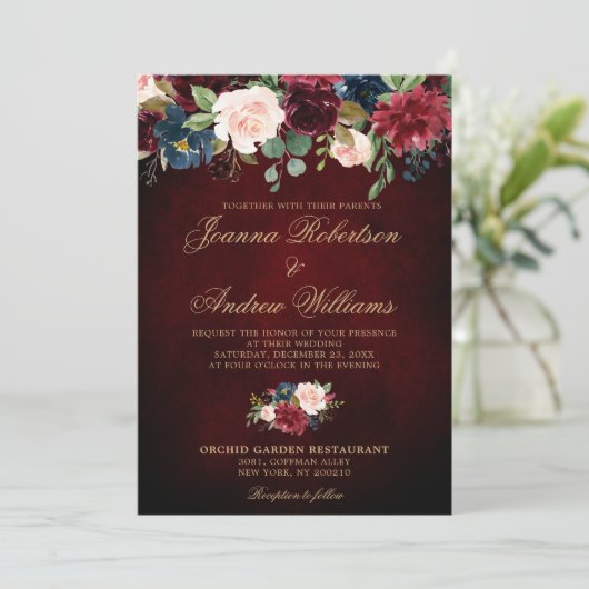 Burgundy Red Navy Floral Rustic Boho Wedding Kaart (Staand voorkant)