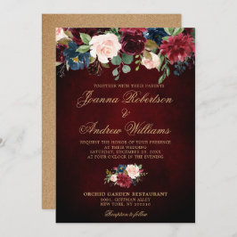 Burgundy Red Navy Floral Rustic Boho Wedding Kaart