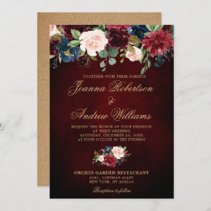 Burgundy Red Navy Floral Rustic Boho Wedding Kaart