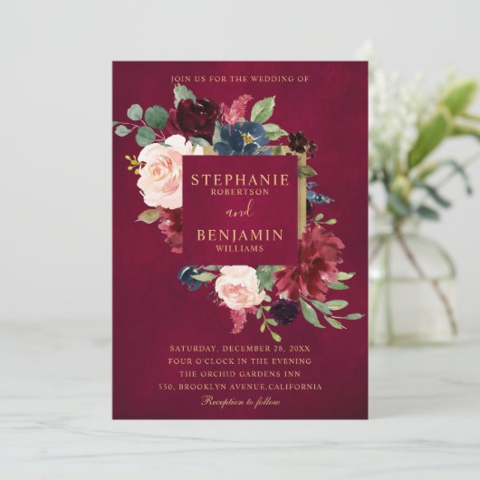 Burgundy Red Navy Floral Rustic Boho Wedding Kaart (Staand voorkant)