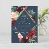 Burgundy Red Navy Floral Rustic Boho Wedding Kaart (Staand voorkant)