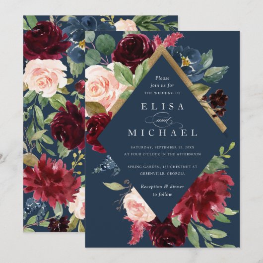 Burgundy Red Navy Floral Rustic Boho Wedding Kaart (Voorkant / Achterkant)