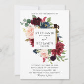 Burgundy Red Navy Floral Rustic Boho Wedding Kaart (Voorkant)