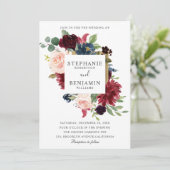 Burgundy Red Navy Floral Rustic Boho Wedding Kaart (Staand voorkant)