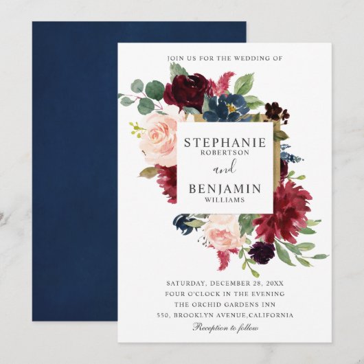 Burgundy Red Navy Floral Rustic Boho Wedding Kaart (Voorkant / Achterkant)