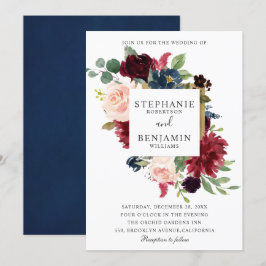 Burgundy Red Navy Floral Rustic Boho Wedding Kaart