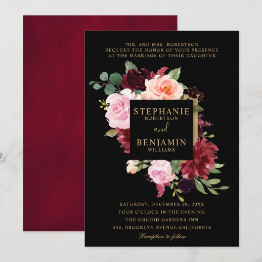 Burgundy Red Navy Floral Rustic Boho Wedding Kaart (Voorkant / Achterkant)