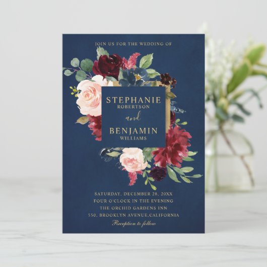 Burgundy Red Navy Floral Rustic Boho Wedding Kaart (Staand voorkant)