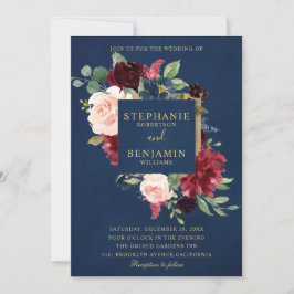 Burgundy Red Navy Floral Rustic Boho Wedding Kaart