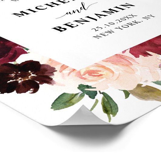 Burgundy Red Navy Floral Rustic Boho Wedding Poster (Hoek)