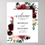 Burgundy Red Navy Floral Rustic Boho Wedding Poster (Voorkant)