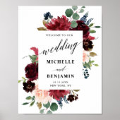 Burgundy Red Navy Floral Rustic Boho Wedding Poster (Voorkant)