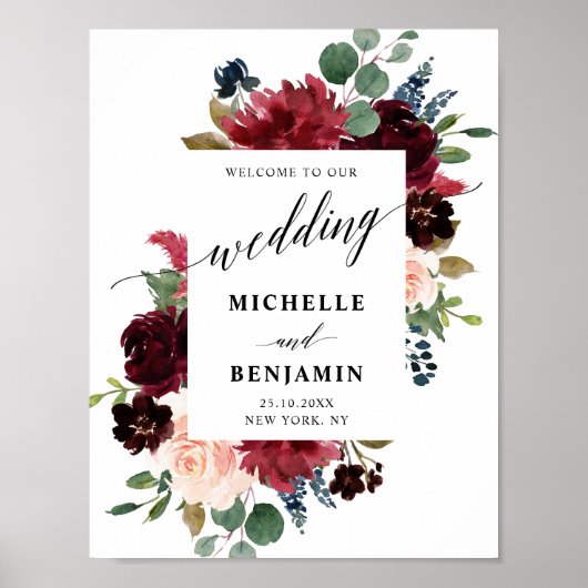 Burgundy Red Navy Floral Rustic Boho Wedding Poster (Voorkant)
