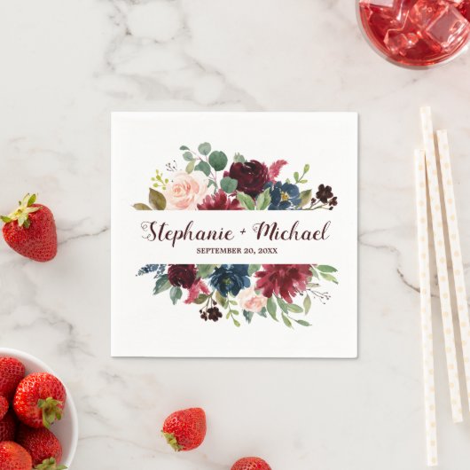 Burgundy Red Navy Floral Rustic Boho Wedding Servet (Insitu)