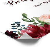 Burgundy Red Navy Floral Rustic Boho Wedding Sign Poster (Hoek)