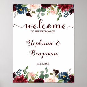 Burgundy Red Navy Floral Rustic Boho Wedding Sign Poster