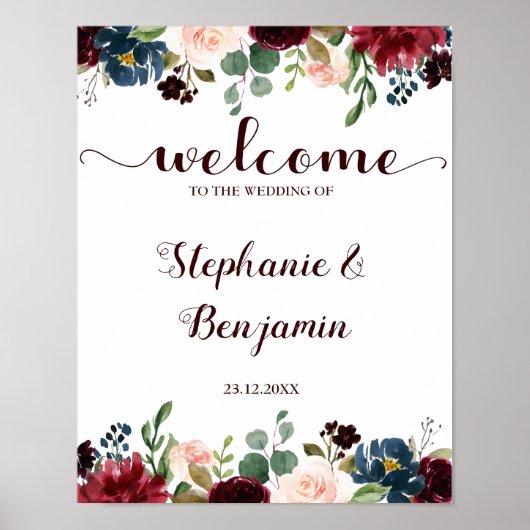 Burgundy Red Navy Floral Rustic Boho Wedding Sign Poster (Voorkant)
