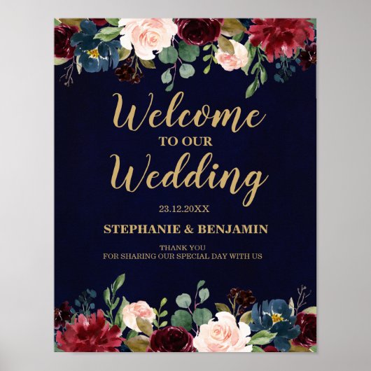 Burgundy Red Navy Floral Rustic Boho Wedding Sign Poster (Voorkant)