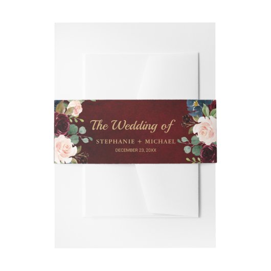 Burgundy Red Navy Floral Rustic Boho Wedding Uitnodigingen Wikkel (Voorkant Voorbeeld)