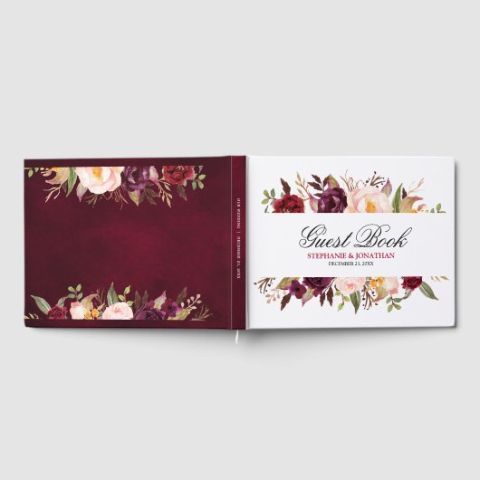 Burgundy Red Navy Floral Rustic Weddenschap Gastenboek (Volledig)