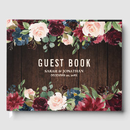 Burgundy Red Navy Floral Rustic Weddenschap Gastenboek