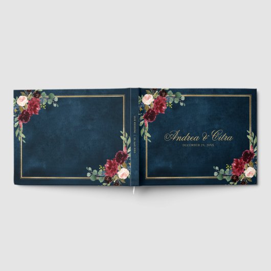 Burgundy Red Navy Floral Rustic Weddenschap Gastenboek (Volledig)