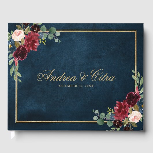 Burgundy Red Navy Floral Rustic Weddenschap Gastenboek (Voorkant)