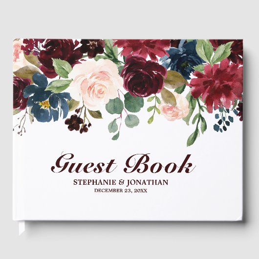 Burgundy Red Navy Floral Rustic Weddenschap Gastenboek (Voorkant)