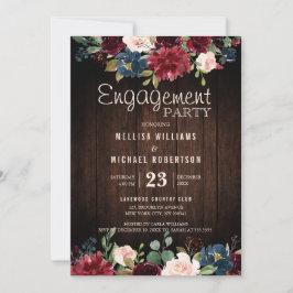 Burgundy Red Navy Floral Wooden Engagement Party Kaart