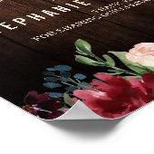 Burgundy Red Navy Floral Wooden Weddenschap Poster (Hoek)