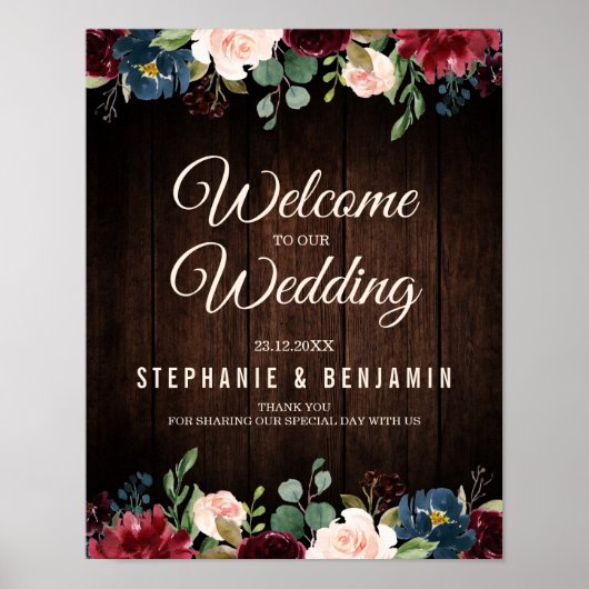 Burgundy Red Navy Floral Wooden Weddenschap Poster (Voorkant)