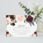 Burgundy Red & Navy Struik Wedding RSVP Kaartje (Staand voorkant)