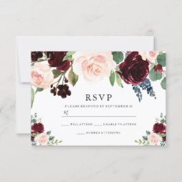 Burgundy Red & Navy Struik Wedding RSVP Kaartje