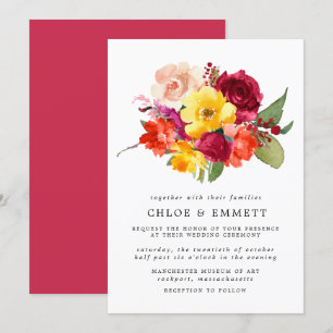 Burgundy Red Oranje Yellow Pink Floral Weddenschap Kaart