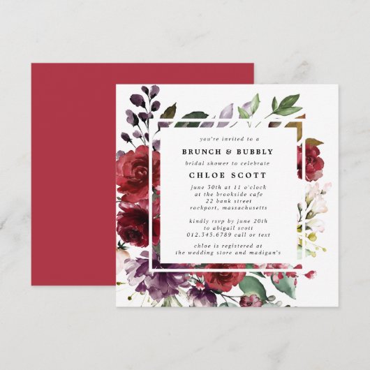 Burgundy Red Paarse Floral Brunch Bubble Shower Kaart (Voorkant / Achterkant)