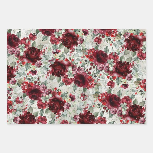 Burgundy Red Peony Silver Eucalyptus Greenery Inpakpapier Vel (Voorkant)