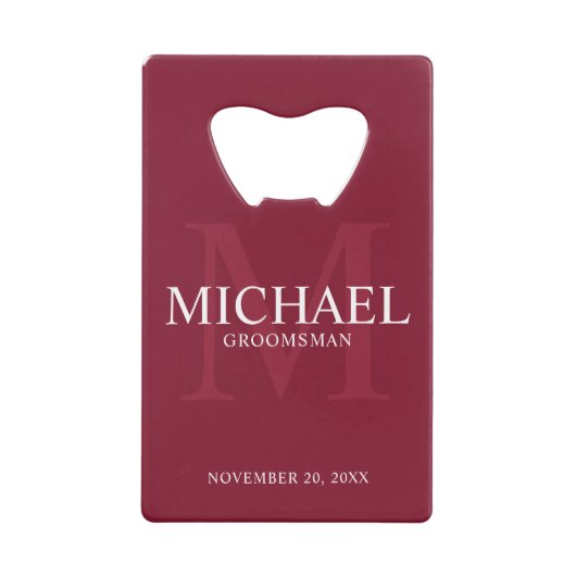 Burgundy Red Persoonlijke Groomsmen Creditkaart Flessenopener (Voorkant)