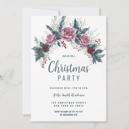 Burgundy red pink dirty blue Christmas floral Kaart (Voorkant)