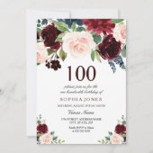 Burgundy Red Pink Floral 100th Birthday Party Kaart (Voorkant)