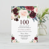 Burgundy Red Pink Floral 100th Birthday Party Kaart (Staand voorkant)