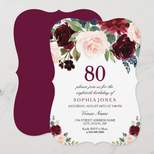 Burgundy Red Pink Floral 80th Birthday Party Kaart (Voorkant / Achterkant)