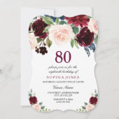 Burgundy Red Pink Floral 80th Birthday Party Kaart (Voorkant)
