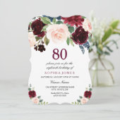 Burgundy Red Pink Floral 80th Birthday Party Kaart (Staand voorkant)