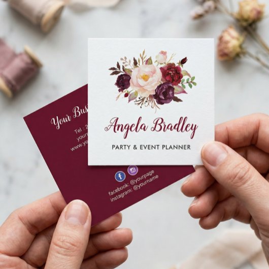 Burgundy Red Pink Floral Rustial Chic Personal Vierkante Visitekaartje