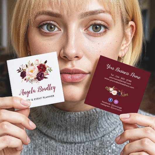 Burgundy Red Pink Floral Rustial Chic Personal Vierkante Visitekaartje