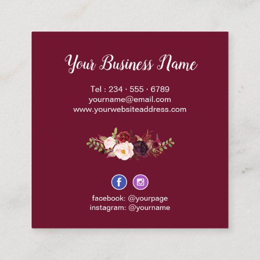 Burgundy Red Pink Floral Rustial Chic Personal Vierkante Visitekaartje (Achterkant)