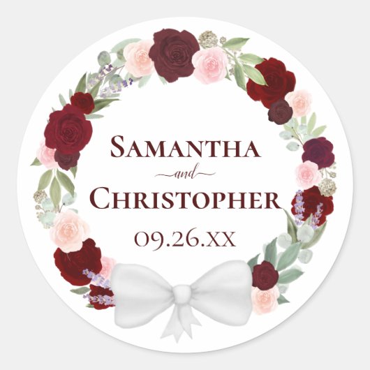 Burgundy Red & Pink Floral Wreath Wedding Ronde Sticker (Voorkant)
